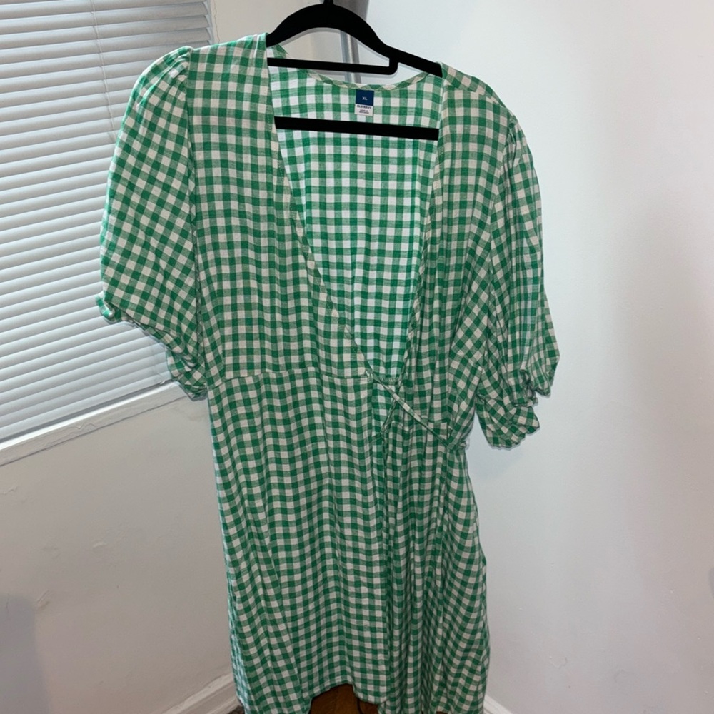 Green checkered wrap tie dress